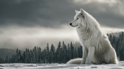 Obraz premium Mystical Wolf Stands Strong in a Snowy Landscape, Symbolizing Freedom in Native American and Turkic Stories Under a Powerful Sky