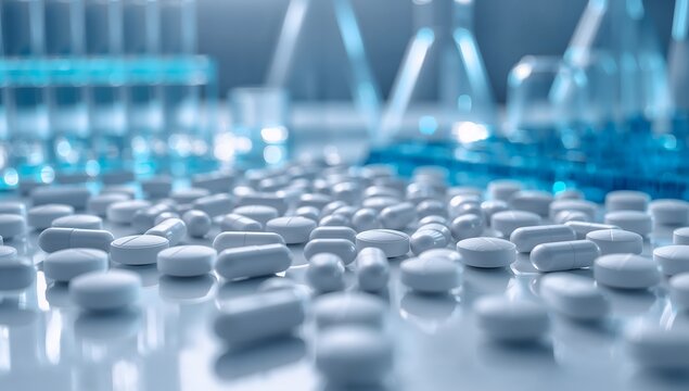 Macro shot of white pharmaceutical pills and capsules on blue surface with laboratory equipment background