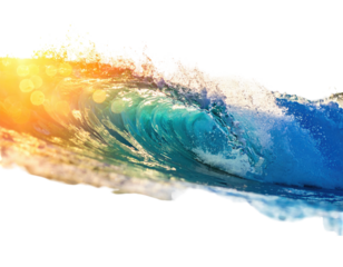 Close-up of a powerful turquoise wave crashing, illuminated by the sun's warm light