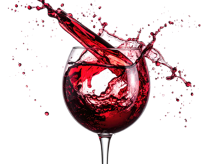 A glass of red liquid with a splash and droplets against a black backdrop