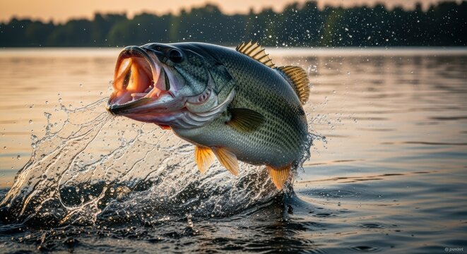 Largemouth bass jumps from calm water against a golden sunset sky in a stunning wildlife action scene perfect for fishing nature publications