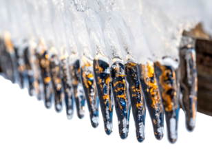 Close-up of clear ice formations, catching sunlight, hanging from an unseen structure