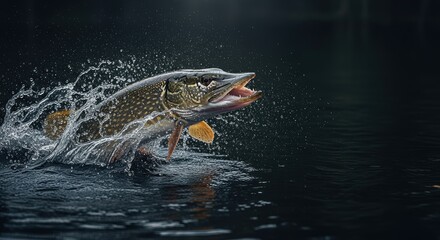 Leaping northern pike explodes from the dark water in a dynamic display of power and agility showcasing wild nature