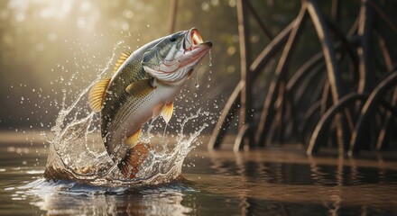 Large mouth bass leaps from the water casting spray against a golden bokeh backdrop in nature