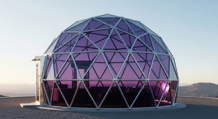 Futuristic geodesic dome home structure offers unique living space with purple windows and scenic mountain views on a sunny day