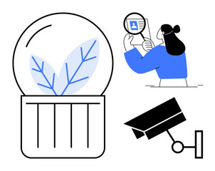 Sustainability and privacy concepts. Sustainability via eco-leaf symbol, privacy with an identity magnifier, and privacy in surveillance through a security camera. For environmental, security