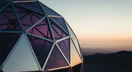 Geometric dome structure reflects a vibrant sunset sky against a mountainous landscape evoking modern architecture