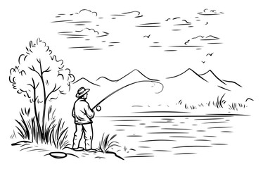 Naklejka premium Fisherman catching fish on lake shore nature landscape vector sketch