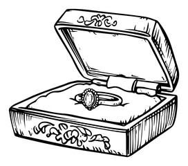 Open vintage jewelry box with diamond ring hand drawn vector sketch