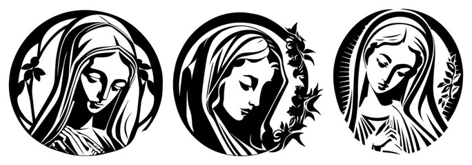 Set of three Virgin Mary circular religious portraits vector illustration
