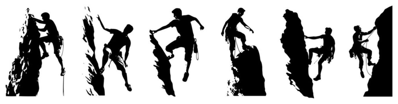 Set of rock climbing men silhouettes on steep cliffs vector illustration