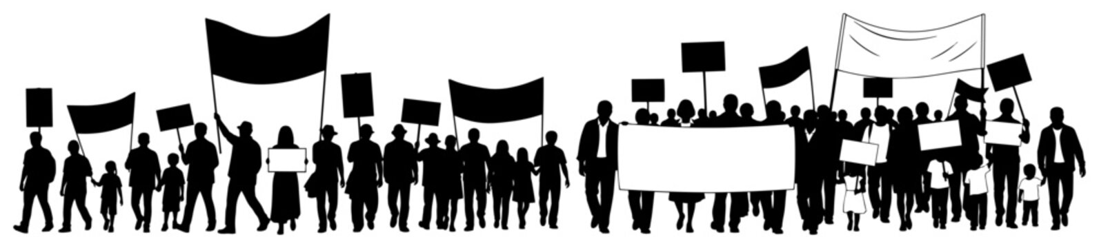 Silhouette of crowd people protesting with banners and signs vector illustration
