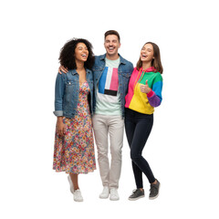 Fototapeta premium Cheerful friends laughing together, creating positive vibes, a diverse group in modern casual fashion sharing joy and connection with a thumbs up gesture