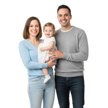 Happy young family smiling together in modern studio portrait with adorable baby girl in white dress, perfect for lifestyle and family content