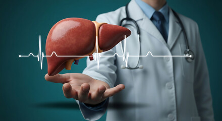 A doctor holding a model of a liver with an EKG line representing health and vitality