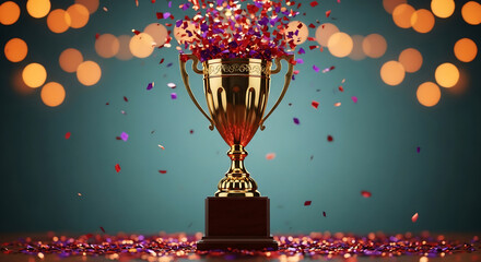 A gold trophy with confetti celebrating a victory. This image conveys success and achievement