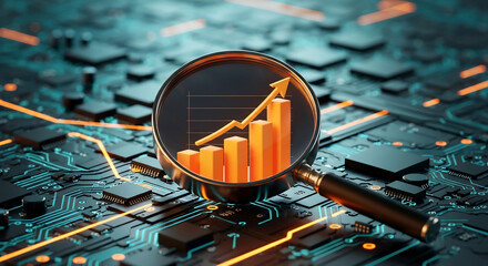 A magnifying glass examines a rising financial graph set against a futuristic circuit board