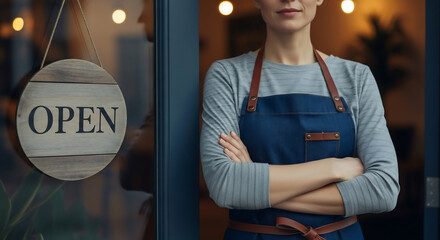 A small business owner in an apron stands confidently at her shop entrance with an 'OPEN' sign