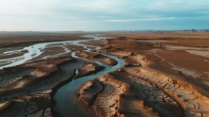 Aerial view of a winding river cutting through a dry, cracked desert landscape under a partly cloudy sky