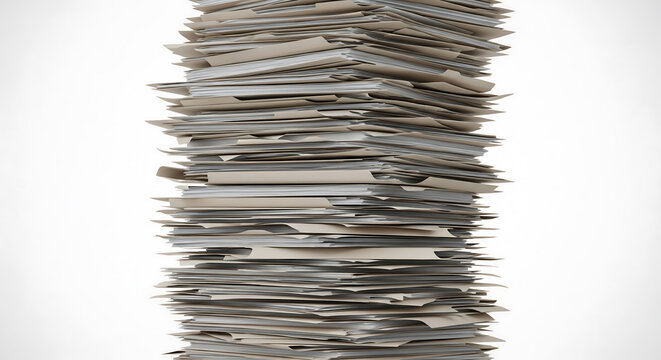 A towering, precarious stack of disorganized paper documents and file folders on a white background, symbolizing overwhelming bureaucracy, excessive paperwork