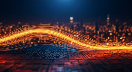 Abstract digital data flow with glowing lines. Futuristic digital technology concept with blurred city lights in the background