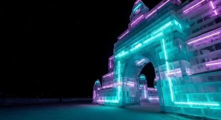Massive illuminated ice arch structure glows with vibrant neon lights at the Harbin Ice Festival, creating a magical winter spectacle concept at night
