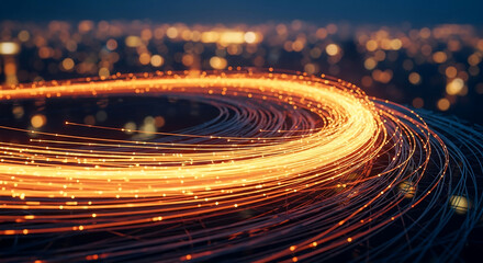 Abstract illustration featuring glowing data streams against a blurred cityscape at night
