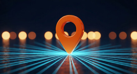 An orange 3D location pin stands on a dark digital surface with glowing blue lines converging