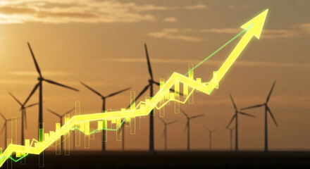 An upward-trending financial graph over a wind farm at sunset symbolizes significant growth in renewable energy investments