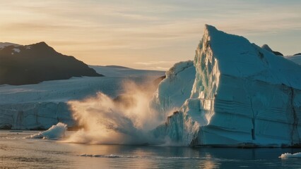Massive iceberg calving in polar region during golden hour, with ice breaking into ocean and spray rising