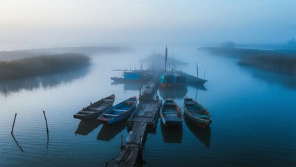 Foggy morning on a calm waterway with moored boats and wooden docks