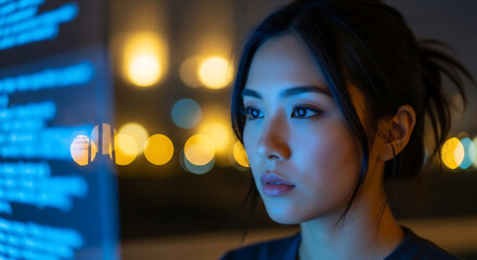 Asian woman looking at glowing code. Nighttime coding, developing concept. Professional programmer working with data. Dark coding environment