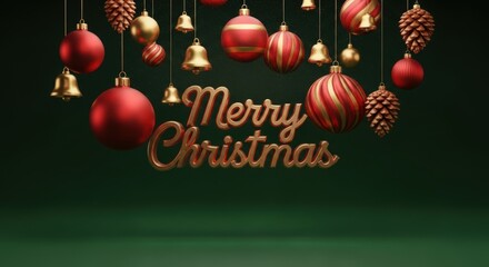 Festive Merry Christmas message with elegant gold script ornaments bells and pinecones on a green background