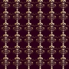 Seamless vertical pattern with repeating gold metallic stylized scroll motifs in vertical columns on deep burgundy background Evokes royal Victorian or baroque luxury