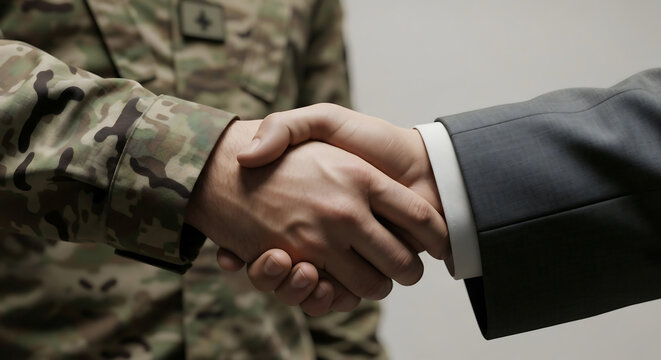 Close-up of a handshake between a military service member and a business professional