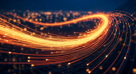 Dynamic abstract image showing optical fiber cables transmitting information