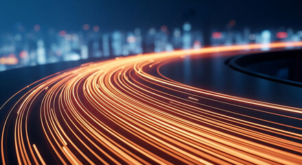 Dynamic orange light trails curve against a blurred, dark cityscape, symbolizing rapid data flow and technological advancement