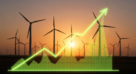 Green energy investment growth. A glowing financial graph with an upward trend arrow is superimposed over silhouetted wind turbines at sunset