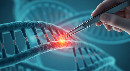 Hand with tweezers precisely manipulates a glowing DNA helix