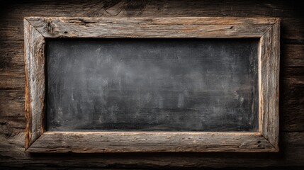 A rustic wooden-framed chalkboard with a textured surface, ideal for writing or drawing, set against a dark wooden background.