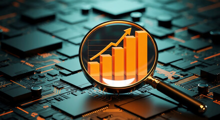 Magnifying glass over a circuit board revealing a rising financial graph, representing growth, success, and technological advancement