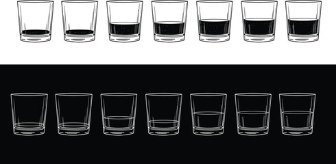 Set of drinking glasses with various fill levels, empty and half full glass icons, minimalist line illustration for beverage and bar design