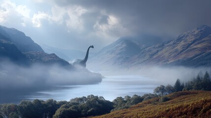 A serene landscape featuring a misty lake surrounded by mountains, with a dinosaur-like creature partially emerging from the water, creating a mystical atmosphere.