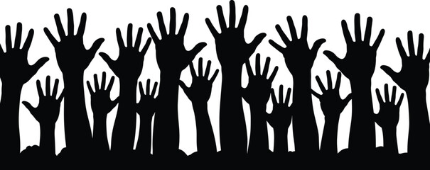 Silhouette of many raised hands together, crowd celebration unity concept, diverse people reaching upward for support, volunteering, activism and community events