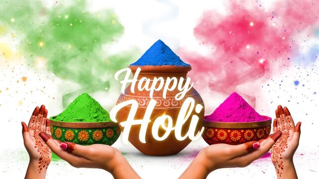 Vibrant Happy Holi Celebration: Hindu Spring Festival Joy with Colorful Powders, Traditional Pot, and Hands Offering Blessings