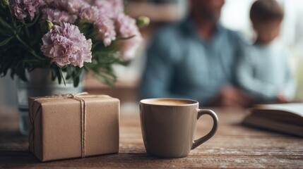 Gift Idea for Fathers Day on a Wooden Table With Flowers and Coffee in a Cozy Workshop Setting