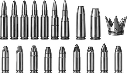 Ammunition cartridge illustration set featuring various bullet types and calibers, detailed metallic rounds artwork for weapon design, military, defense and tactical concepts