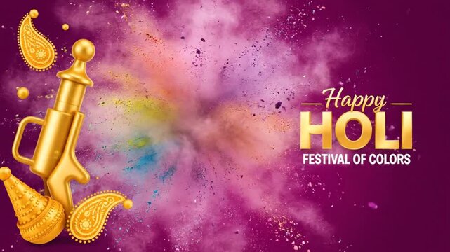 Happy Holi Festival of Colors: Traditional Golden Pichkari, Paisley Designs, and Vibrant Powder Explosion for Hindu Spring Festival Celebration