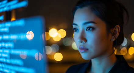 Young Asian woman intensely focused on a glowing blue screen, coding or analyzing data, against blurred city lights at night