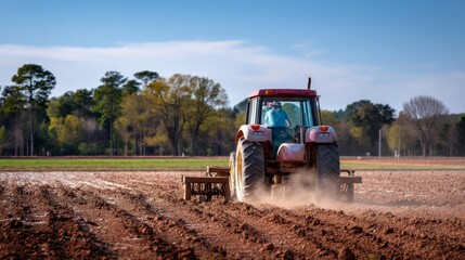 Fototapeta premium Rural Farming Life - Tractor Tilling a Vast Farmland at Sunset with Soil Dust Rising, Warm Studio Lighting, Candid Shot, Glow Highlights